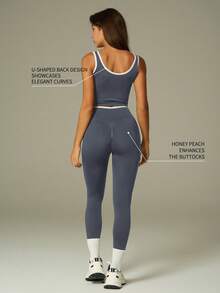 UONNOU 女士无袖上衣和紧身裤两件套运动服套装，采用蜜桃形提拉设计，收腰剪裁，面料柔软舒适，适合网球、高尔夫、羽毛球、球类运动、瑜伽、普拉提、轻度锻炼、健身房、跑步、户外休闲、通勤、工作、购物以及各种运动场合，时尚无缝运动服套装，四季皆宜。 - 灰色 - 查看 4