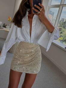 Elegant Women's Short Sequin Bodycon Skirt, Ruched Detail Design, Suitable For Party, Valentine's Day, Outing, Office And Other Occasions Spring - Apricot - View 9