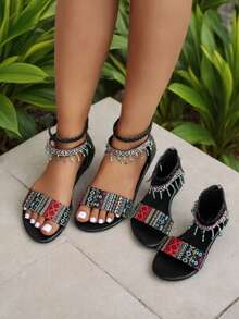 1 Pair Girls' Retro Roman Sandals, Bohemian Style, Quality PU Customized Handmade Beaded Zipper Design Flat Protective Foot Suitable For 3-15 Years Old Girls, Elementary Students, Summer Outing, Party, Versatile - Black - View 1