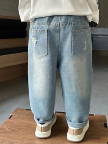 Autumn Loose Fit Distressed Straight Leg Jeans For Young Boys, Suitable For Daily, School, Casual And Outdoor Wear - Blue - View 3