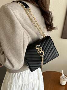 优雅女士链条单肩包，绗缝PU皮革斜挎包，奢华简约腋下邮差包，格子图案，可机洗 - 涤纶衬里 - 黑色 - 查看 3