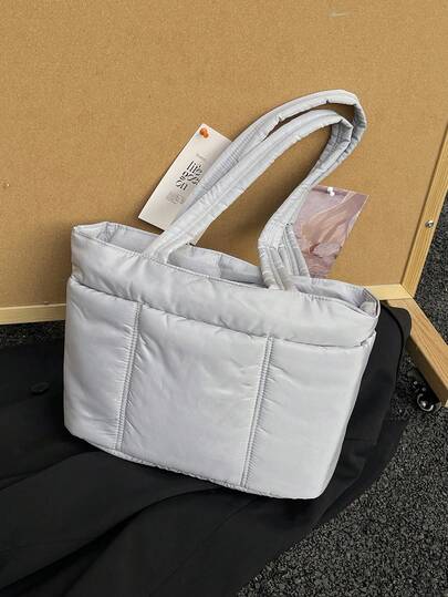 1pc Nylon Fabric Plain Color Multi-Pocket Shoulder Tote Bag, Crossbody Bag, Fashion Travel Bag, Unisex For Women And Men, Work Handbag, Laptop Bag With Zipper, Quilted Puffy Bag, With Compartment, Travel Essentials Quilted Nurse Bag, Carry Bag, Suitable For Teacher Travel Gift