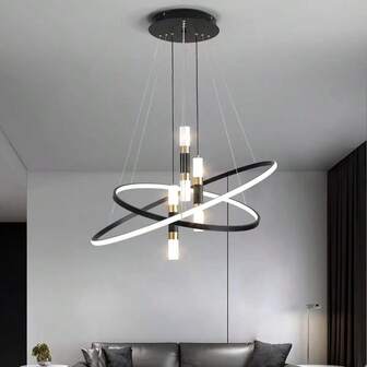 Modern Double-Ring Three-Tone LED Lamp Body, Adjustable Height And Shape, Pendant Rod That Can Light Up, Suitable For Bedroom And Guest Room Chandeliers, New Creative Electroplated And Baked Paint Pendant For Hall, Dining Room, Living Room And Dining Room Chandeliers