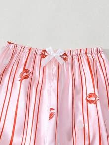 Striped Red Lip Print Women's Satin Long Sleeve Pajama Set - Pink - View 8