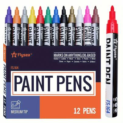 12支装油性永久性马克笔 | 速干永久性马克笔，适用于石头、木头、织物、塑料、帆布、玻璃、马克杯、DIY工艺品