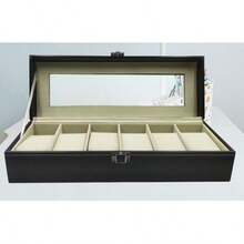 Caja de almacenamiento para relojes de 6 compartimentos de cuero sintético negro, caja organizadora para relojes con espejo, caja portátil para joyas - Negro - Ver 7