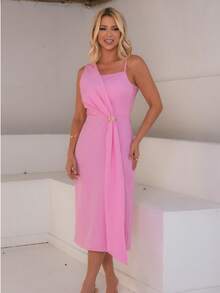 Casual  elegante    Assimétrico  Nó  Franzido    Casamento - Rosa chiclete - Visão 1