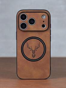 奢华复古仿羊皮麋鹿头图案手机壳，兼容 17/16/15/14/13/12/11 Pro Max Plus，支持磁吸无线充电，适用于 17 Pro Max，软边设计，防震保护套，春季生日礼物之选。 - 淺棕色 - 查看 2