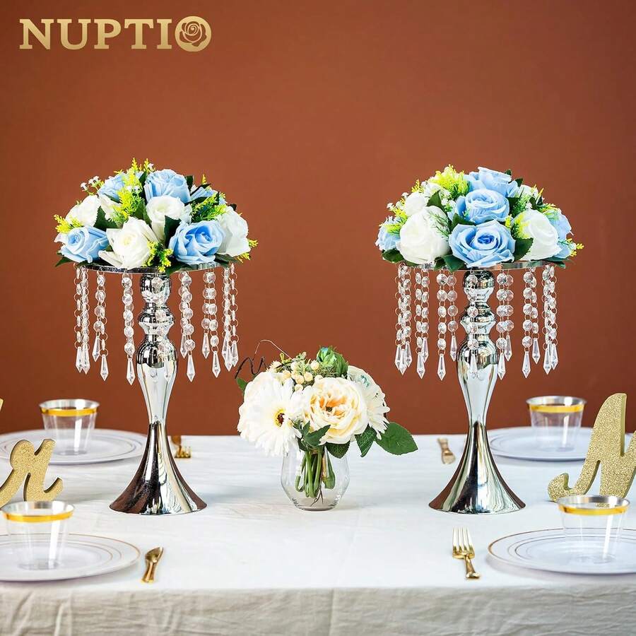 NUPTIO - 2 piezas de centros de mesa plateados para boda, floreros para arreglos florales artificiales, 35 de alto, jarrón de metal y cristal, para boda, aniversario, ceremonia,, hotel - Plateado - Ver 1