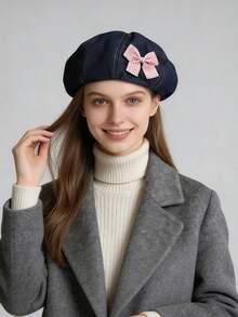 1pc Women Black Beret Hat, New Spring/Autumn Artist Beret Cap, Suitable For Daily Wear (Note: The Letter Style May Vary Slightly Due To Different Production Batches)