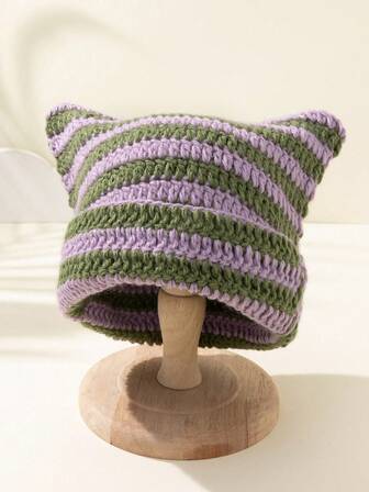 1顶Y2K风格女士条纹猫耳针织帽，手工编织，保暖护耳，防风，可爱又有趣，适合万圣节、圣诞节等场合。