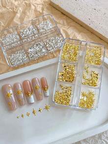 1个美甲配件盒，内含6个隔层，星光金银配色，精致轻奢风格，用途广泛，可用于DIY美甲装饰