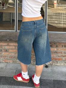 Y2K Streetwear High Waist Distressed Wide Leg Denim Shorts, Knee Length Ripped Jeans Shorts, Women Summer Denim Pants Casual - Retro Blue - View 2