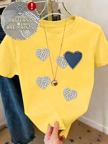 Camiseta blanca Nueva camiseta de mujer de diseño de cuello redondo con un estampado de corazón elegante, perfecta para uso casual y versatilidad diaria en una cómoda camiseta de manga corta. - Rosa Fucsia - Ver 3