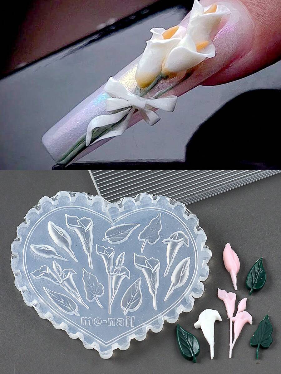 心形硅胶美甲雕刻模具，3D花叶造型模具，压花板，UV凝胶打印模板，美甲工具 - 無色 - 查看 1