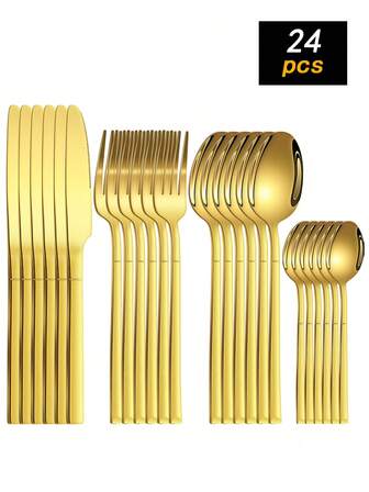 4 piezas/24 piezas Juego de cubiertos de acero inoxidable, Juego de cubiertos elegante chapado en oro, Cuchillo, Tenedor, Cuchara, Cucharilla reutilizables para uso doméstico y diario