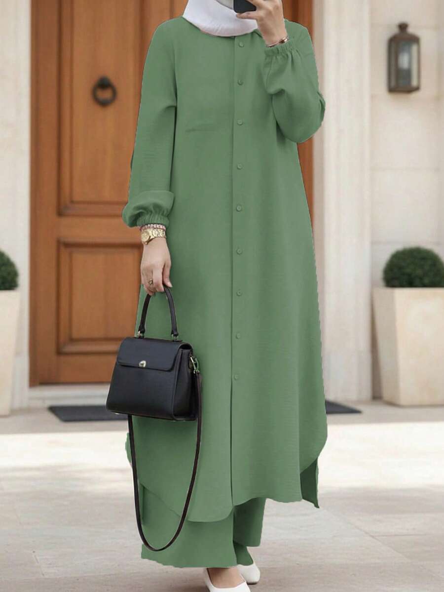 Women's Elegant Casual Solid Color Button Design Long Jacket With Lantern Sleeves And Wide Leg Pants Set, Fashionable Casual Cute Style Dress, Suitable For Spring, Summer, Autumn And Winter
