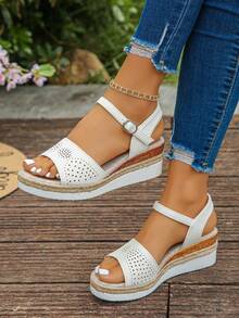 1 Pair Summer Casual Wedge Sandals For Teenagers, Suitable For Daily Outings, Simple Buckle Design, Perforated, Fashion Minimalist, Non-Slip, Comfortable, Versatile Thick-Soled Sandals - White - View 5