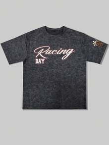 Zrgoth Men's Casual Versatile Minimalist Racing English Slogan Element Washed Short Sleeve T-Shirt - Black - View 6