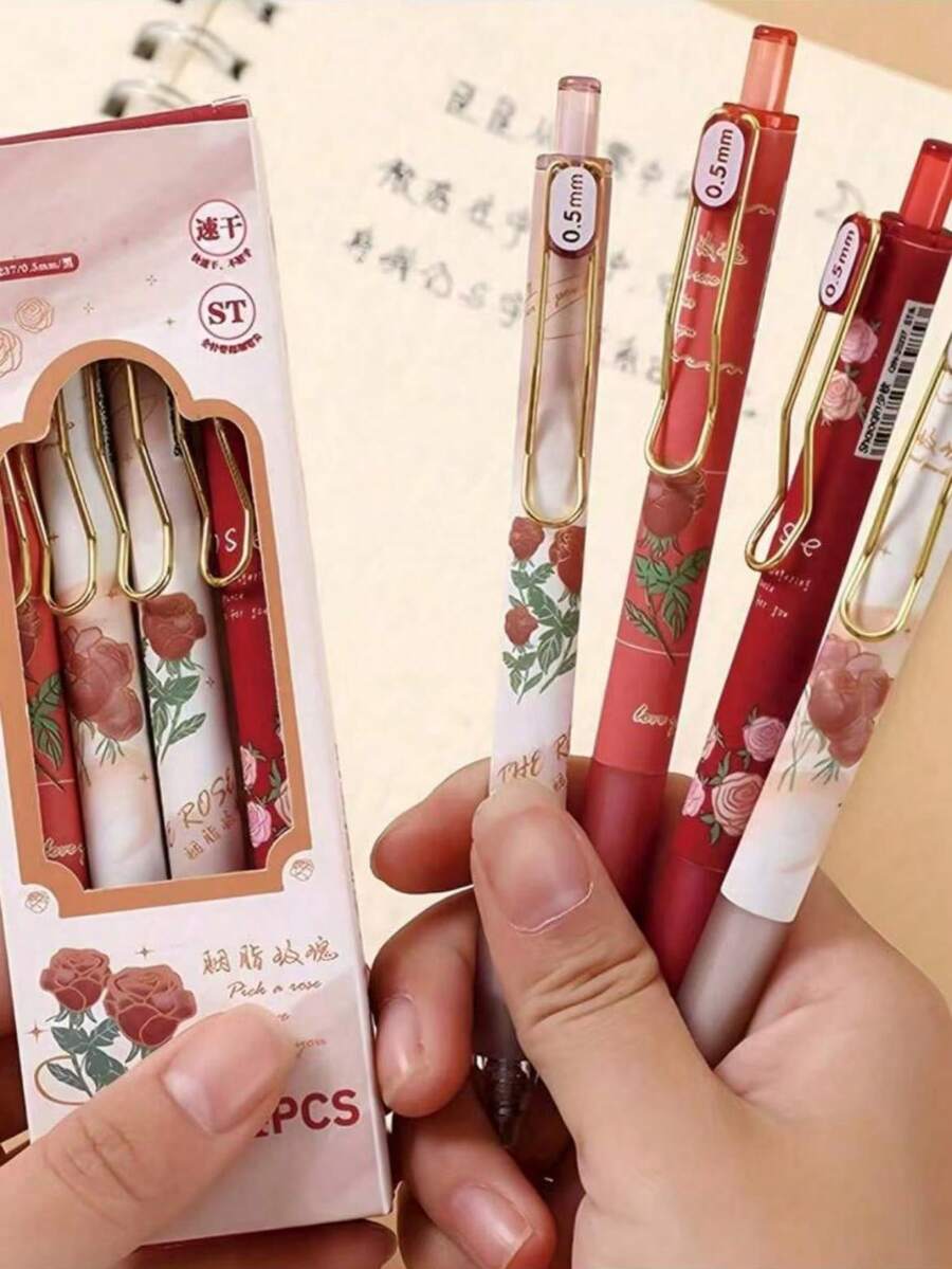 4pcs Flower Shaped Retractable Neutral Pens, 0.5mm Black Ink, Neutral Pens, Cute & Elegant For Women/Girls, Office & Study Supplies - Rose Red - View 1