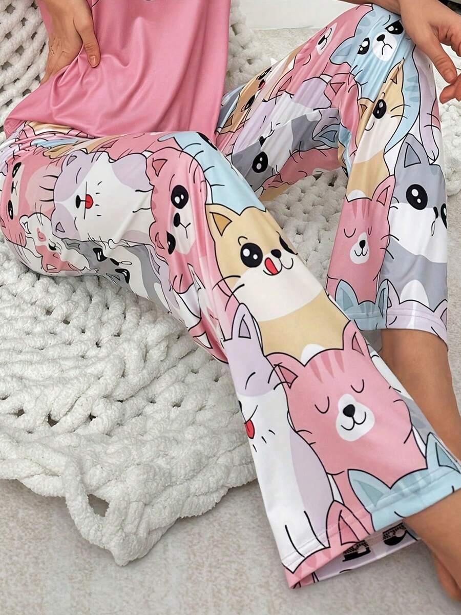 Spring/Summer New Pastel Cute Cat Print Pajama Pants, Soft & Healing Loungewear Sleepwear Pants For Women - Multicolor - View 1