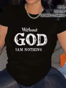 Camiseta Gráfica de Talla Grande para Mujer - "SIN DIOS NO SOY NADA" Estampado en Letras Atrevidas, Negra con Texto Blanco, Cuello Redondo Casual, Lavable a Máquina Moda Primavera Verano Otoño, Camisetas para Damas - Oscuro - Ver 1