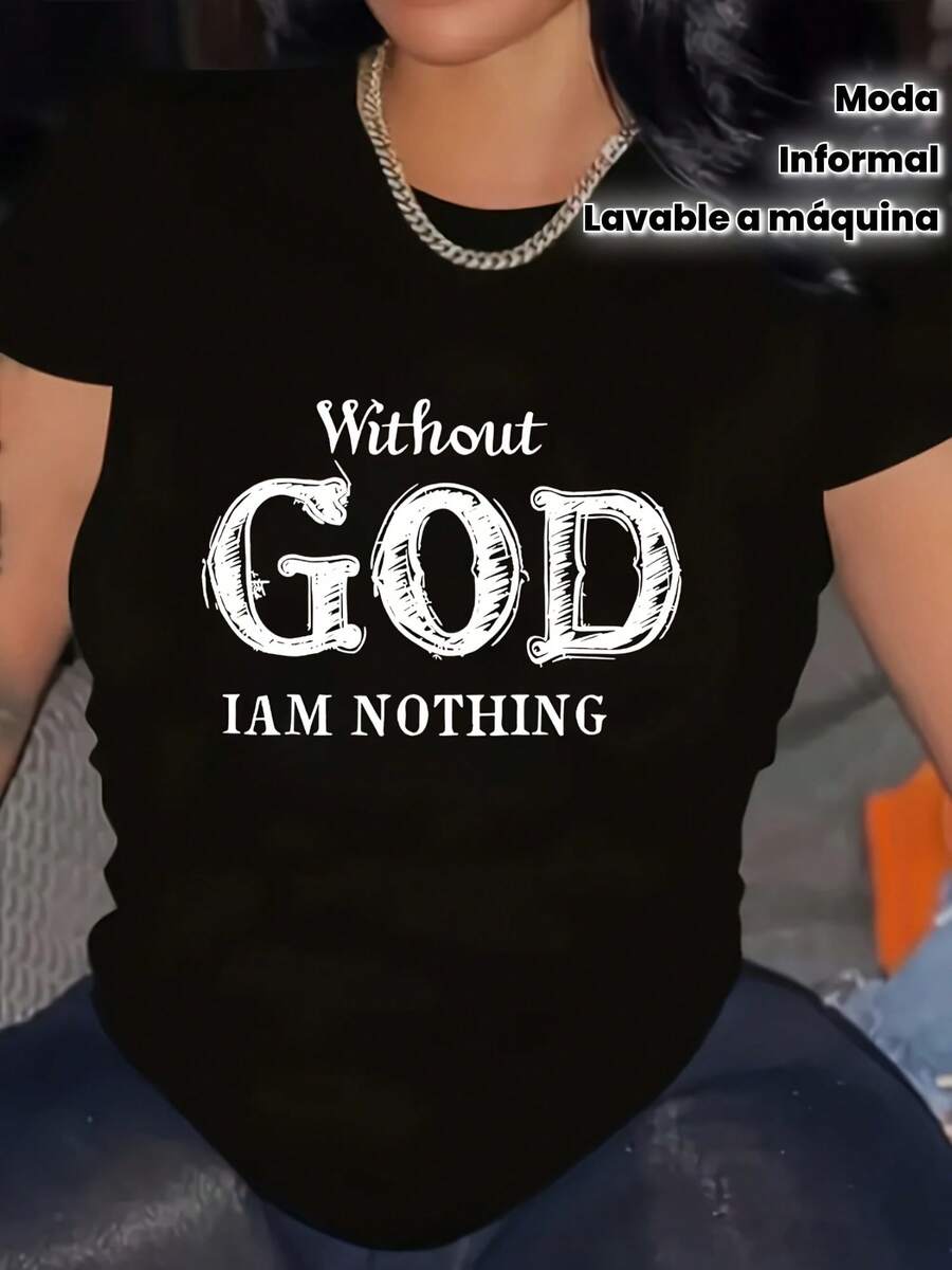 Camiseta Gráfica de Talla Grande para Mujer - "SIN DIOS NO SOY NADA" Estampado en Letras Atrevidas, Negra con Texto Blanco, Cuello Redondo Casual, Lavable a Máquina Moda Primavera Verano Otoño, Camisetas para Damas - Oscuro - Ver 1