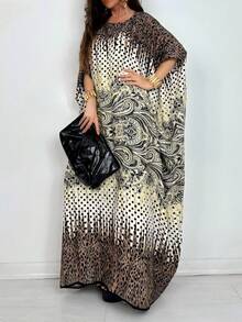 大码波西米亚风佩斯利花纹波点印花连衣裙，短袖，梭织面料，无弹力，适合春夏度假穿着，优雅时尚。 - 彩色 - 查看 3