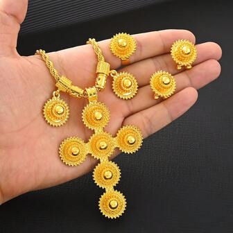 1 Set, Color Dorado 3 Piezas Conjunto de Joyería Minimalista de Cruz que Incluye Aretes, Anillo, Collar, Uso Diario Clásico para Mujeres, Adecuado para Festivales de Oriente Medio, Cumpleaños, Bodas, Fiestas