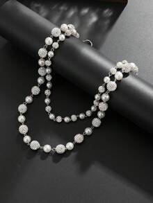 1pc Solid Color Rhinestone Pearl Punk Dual Chain Belt Keychain, Waist Accessory Suitable For Gift, Party, And Casual Outfit - Silver - View 9