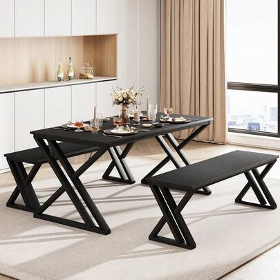 Conjunto de mesa de comedor para 4 personas, Conjunto de mesa de cocina con 2 bancos, Conjunto de mesa de comedor rectangular con marco de metal resistente, Ahorro de espacio para cocina, Comedor, Apartamento