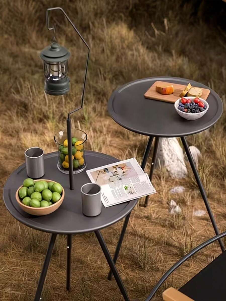 1pc Outdoor Foldable Round Table With Dual Layers, Lamp Holder, Lightweight Adjustable Height Portable Camping/Picnic Table (Note: Lamp Not Included, Only The Lamp Holder)