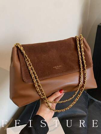 Sac à épaule pour femmes en cuir PU avec bandoulière en métal à rabat de style vintage de couleur unie