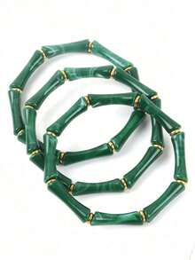 1 Set Of 3pcs Adjustable Beaded Bracelets Stack, Lightweight Acrylic Marble Texture & Olive Green Bamboo Beads Boho Minimalist Stretch Bracelet Set, Daily Wear Cuff Bangle Stackable Jewelry Gift For Women Teens, Perfect For Summer Holiday Casual Outfit Christmas Birthday Party - 綠色 - 查看 3