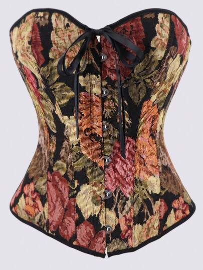 Women's Gothic Corset Top, Floral Print Lace-Up Waist Cincher Shapewear, Tummy Control For Halloween Costume, Stage Performance