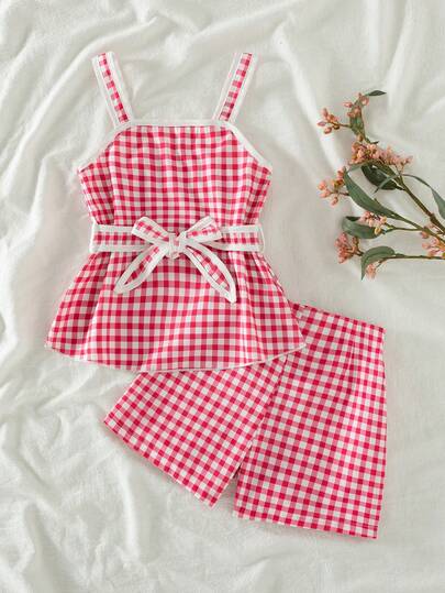 2pcs Girls Casual Outgoing Fashion Plaid Print Pattern Bow Decor Belt Design Sleeveless Top And Elastic Waist Shorts Set, Spring/Summer