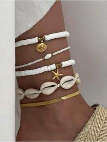 5 Stück/Set Boho-Stil Perlen Fußkettchen Set mit Muscheln, Perlen & Seestern Anhängern als Schmuckgeschenk für Frauen am Strand - Verschiedenfarbig - Übersicht 1