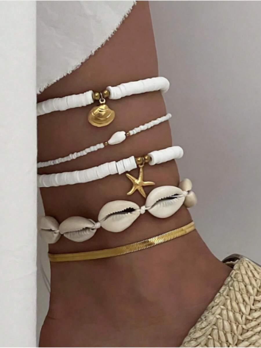 5 Stück/Set Boho-Stil Perlen Fußkettchen Set mit Muscheln, Perlen & Seestern Anhängern als Schmuckgeschenk für Frauen am Strand - Verschiedenfarbig - Übersicht 1