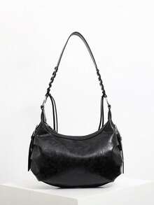 1 时尚女士纯色优雅新月形手提包，流苏多功能购物斜挎包，配有独特的编织肩带。 - 黑色 - 查看 4