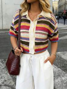 Spring/Summer Women's Casual Elegant Fashion Knit Cardigan With Color-Block Rainbow Stripes, Lapel Collar, And Button Design - Multicolor - View 6