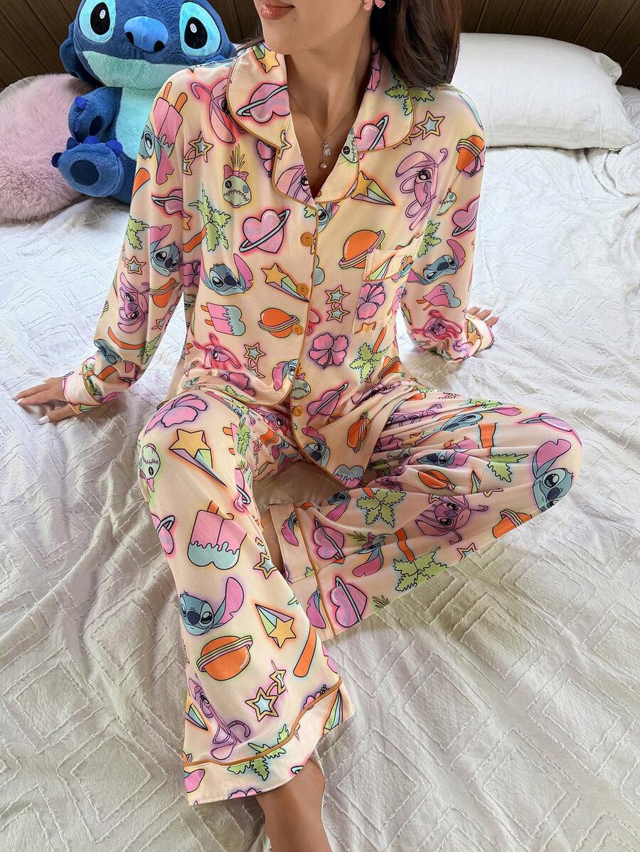 Disney Stitch Print Pajama Set - Multicolor - View 1