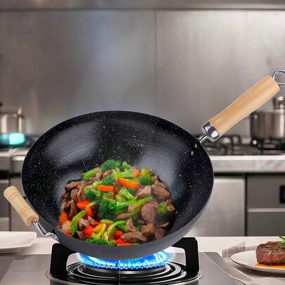 EliteHoff Wok aus Kohlenstoffstahl, 28 cm – Antihaftbeschichteter Wok mit flachem Boden für Induktions-, Gas- und Keramikkochfelder – Robuster Wok für asiatische, chinesische, thailändische, mediterrane, westliche und alltägliche Küche – Hitzebeständiges Kochgeschirr für den privaten und professionellen Einsatz