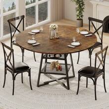 Juego de Mesa Redonda para Comedor de 4 a 6 Personas, Mesa de Comedor Circular con Base de Metal, Mesa Redonda de Madera de, mesas de Cocina de Madera con Estante de - Marrón - 42 pulgadas - Ver 6