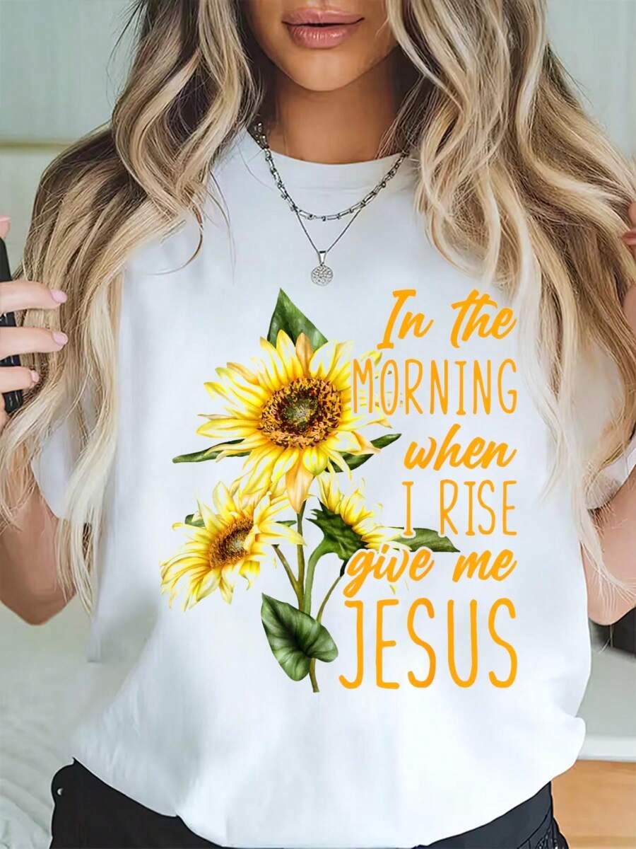100% Algodón En La Mañana Cuando Me Levanto Dame Jesús Camiseta Cristiana Girasol Impresión Camiseta de Algodón para Verano, Top de Manga Corta Suave para Mujeres, Camiseta Estilosa y Cómoda para Mujeres Camisetas Gráficas - Blanco - Ver 1