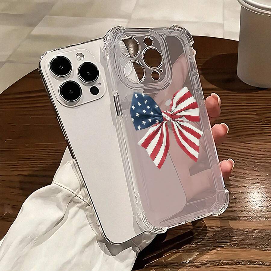 Funda con diseño de lazo con la bandera estadounidense, compatible con iPhone 16, 15, 14 Pro Max, 13, 12, 11, XR y XS Plus. Fabricada en silicona TPU, ofrece protección contra golpes y caídas, además de una excelente sensación al tacto. Es el regalo ideal para familiares, amigos y seres queridos. - transparente - Ver 1