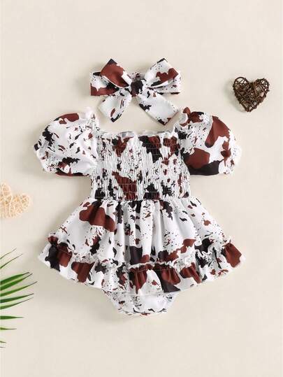 Baby Girls Romper Set, Short Sleeve Off-Shoulder Spots Printed Dress With Headband For Toddlers