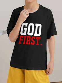 Camiseta de manga corta con cuello redondo y estampado negro informal para niños preadolescentes, top de verano - Negro - Ver 2