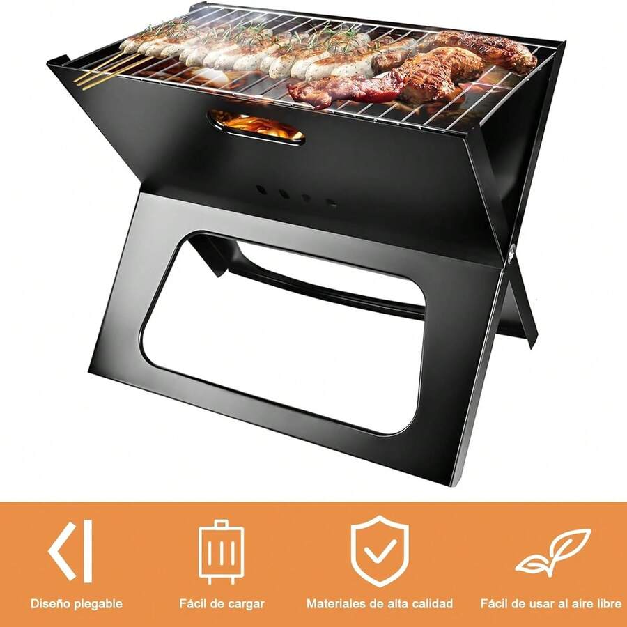 Parrilla carbón plegable portátil asador camping exterior, parrilla fácil de transportar y montar, adecuada para viajes, picnics y camping, diseño plegable, material resistente, ideal para asar carne, verduras y alimentos al aire libre - Negro - Ver 1