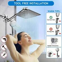IDKWB Shower Head, 8Inch High Pressure Rainfall Shower Head/Handheld Shower Combo With 11 Inch Extension Arm, 5 Settings Adjustable Anti-Leak Shower Head With Holder/Hose, Height/Angle Adjustable - Matt Black-10Inches - 查看 8