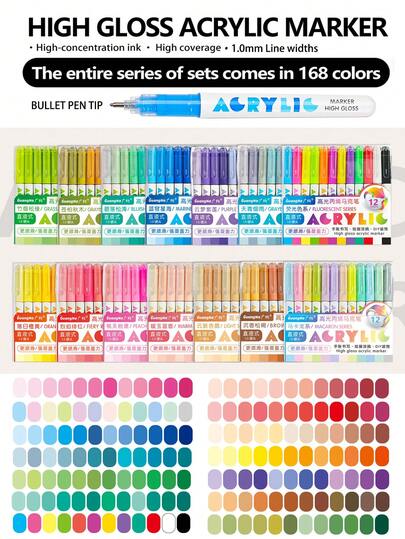 GuangNa 168 Colors Acrylic Paint Markers Set, Vibrant Fluorescent Ink, Create Smooth 3D Effects, Waterproof, Lightfast, High Coverage, Large Ink Capacity, 14-Color Student Art Markers Set, Stackable Colors, Paper Fixative Ink, Suitable For Glass/Stone/Body Painting, Coloring Books | Gift Set For Boys/Girls